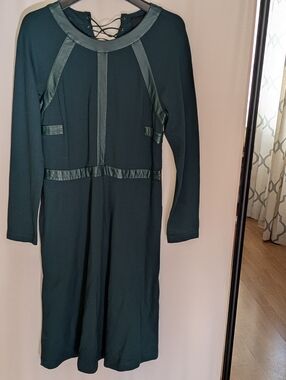 Cynthia Rowley Forest Green Long-Sleeve Dress with Leather Trim